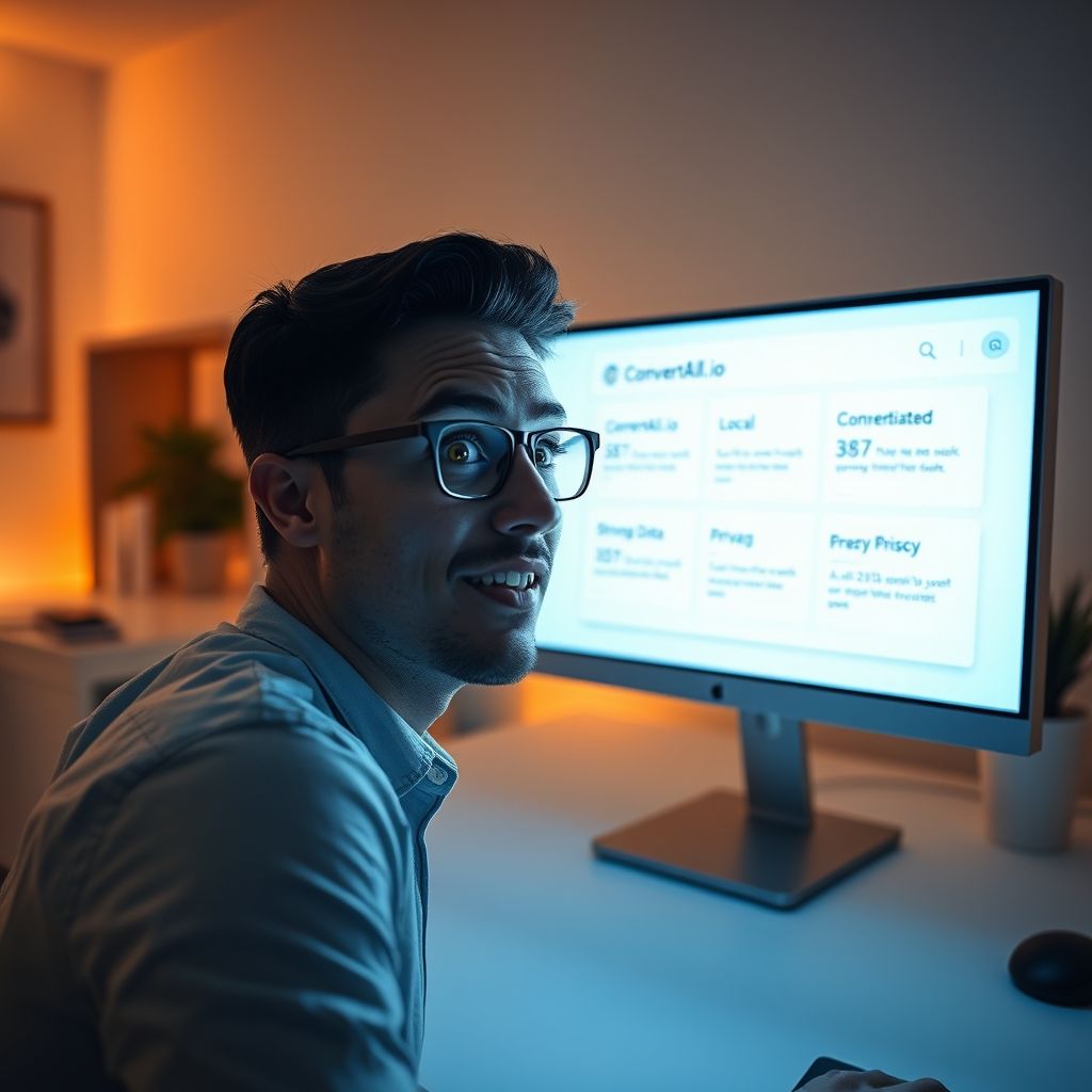 Alex's face illuminated by computer screen showing ConvertAll.io interface, eyes wide with realization and excitement