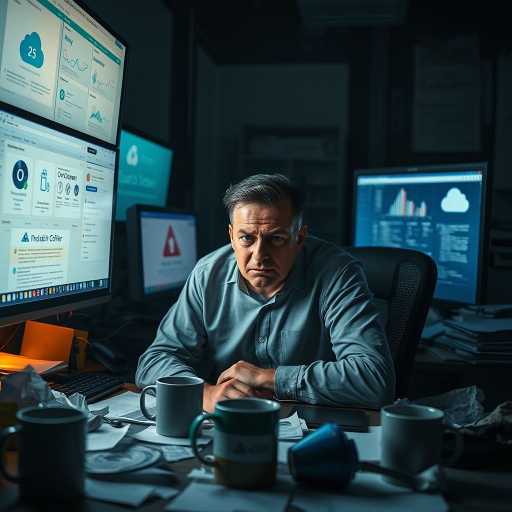 Alex at their desk late at night, surrounded by multiple screens showing cloud-based tools, with a worried expression about data privacy