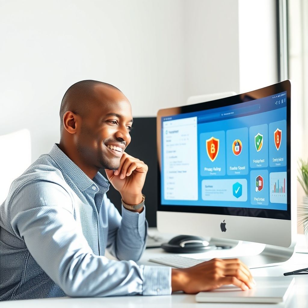 Alex working confidently with a clean, organized digital workspace showing privacy-first tools