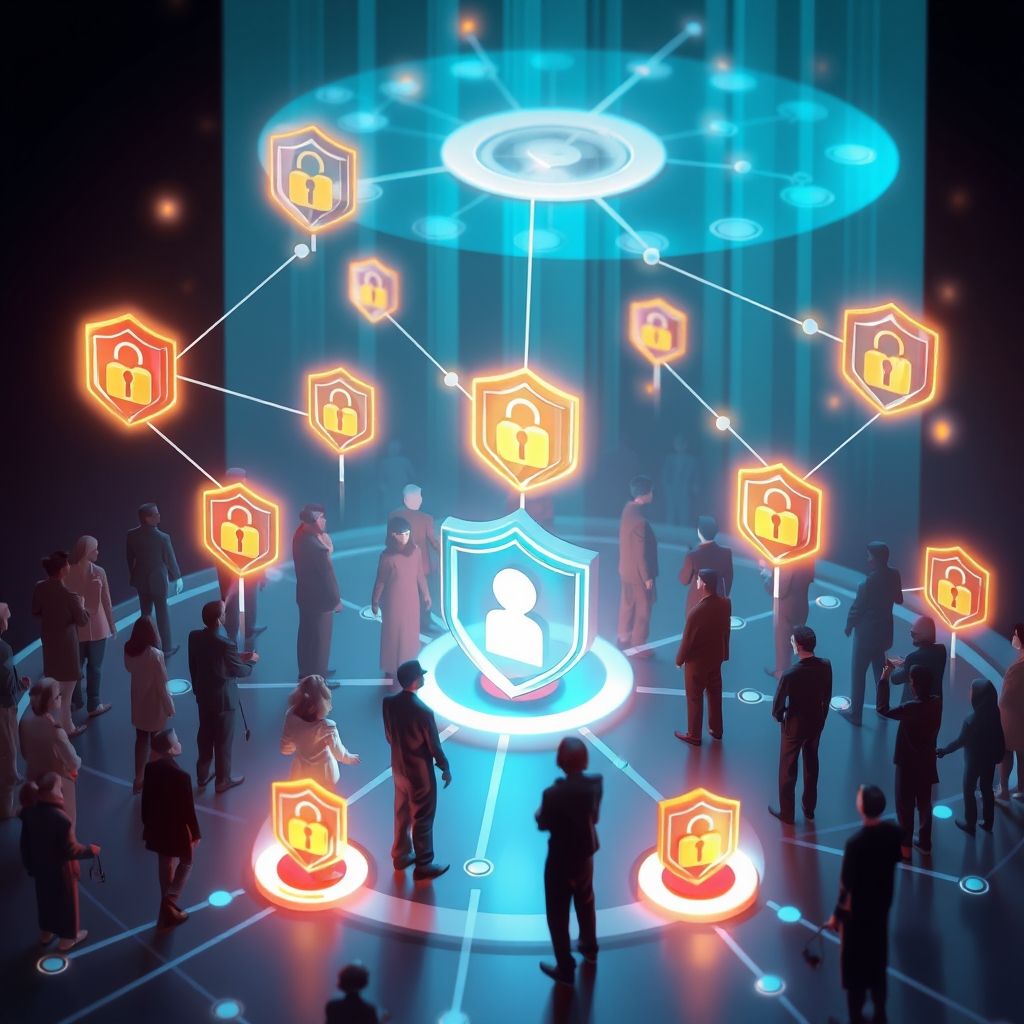 Community members connecting through shared privacy values with digital trust symbols