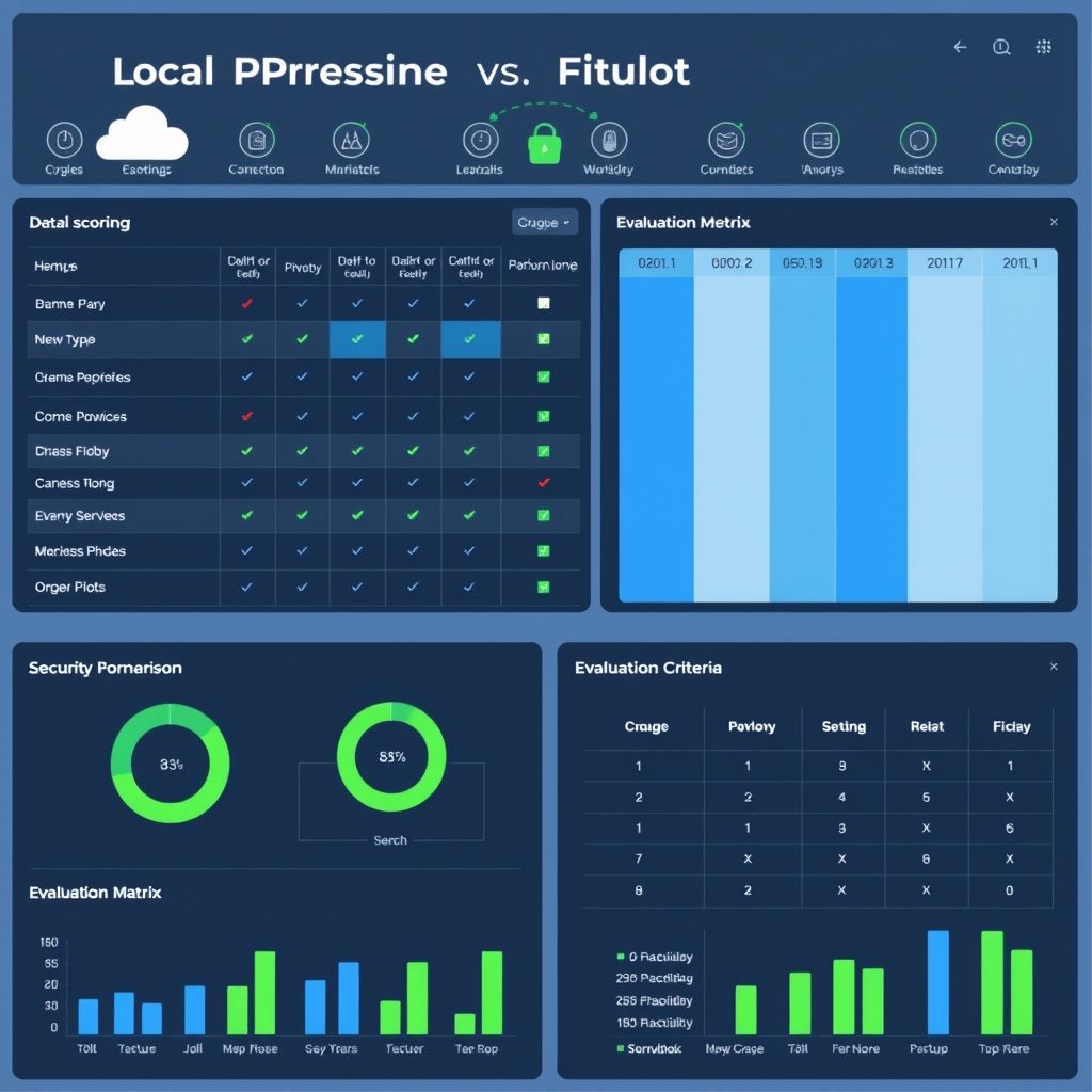 Professional comparison matrix dashboard showing detailed scoring grids, performance metrics, and evaluation criteria for local vs cloud processing tools