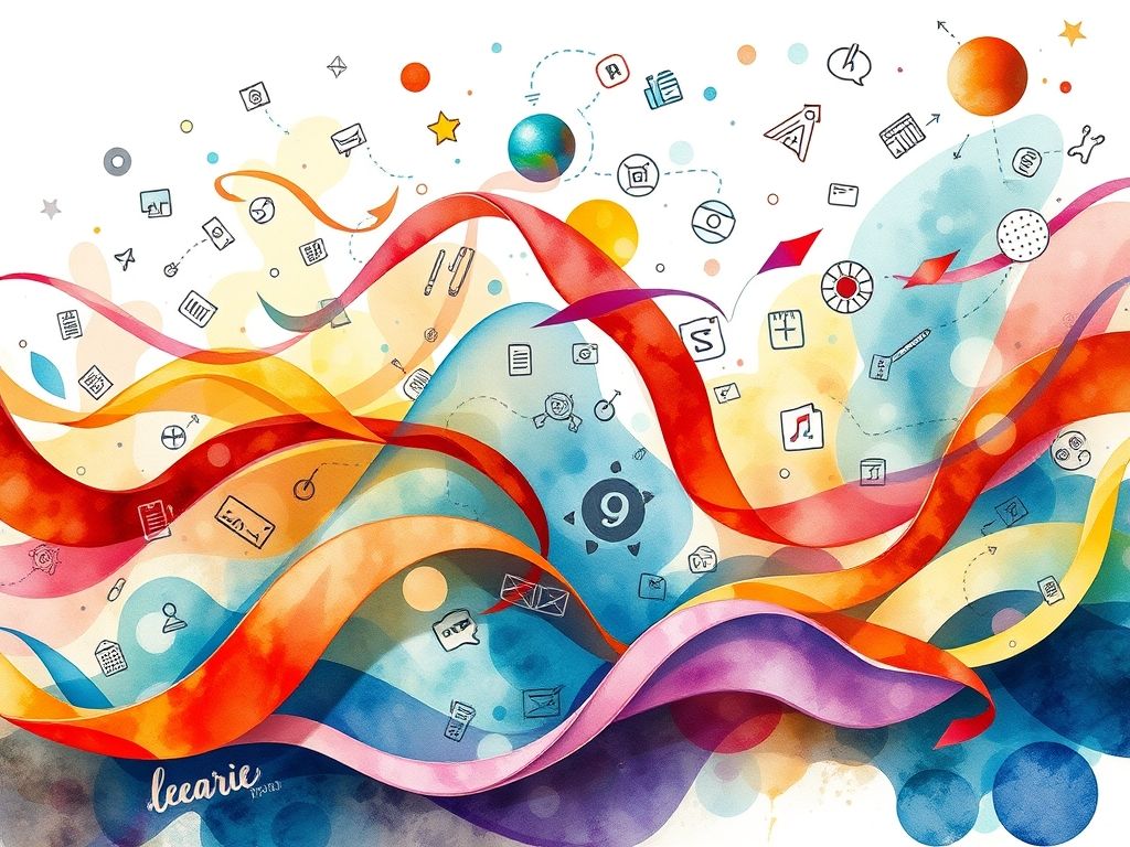 Creative workflow visualization with flowing design elements, colors, and digital tools merging together
