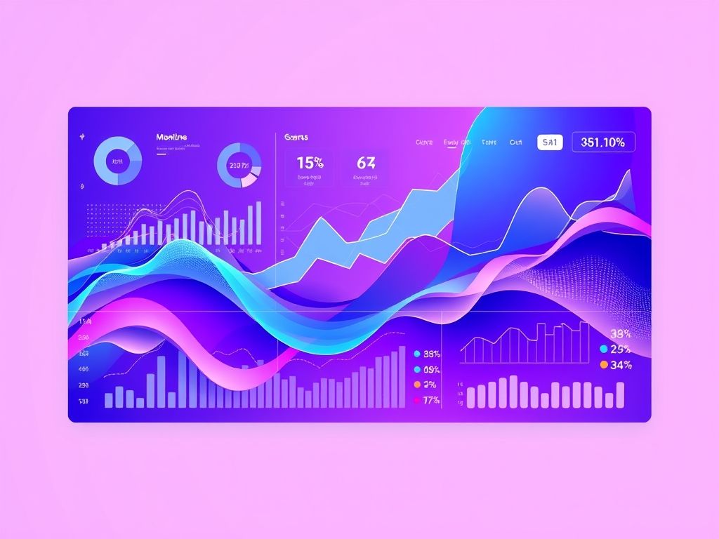 Data visualization dashboard showing analytics charts, graphs, and performance metrics in purple and blue gradients