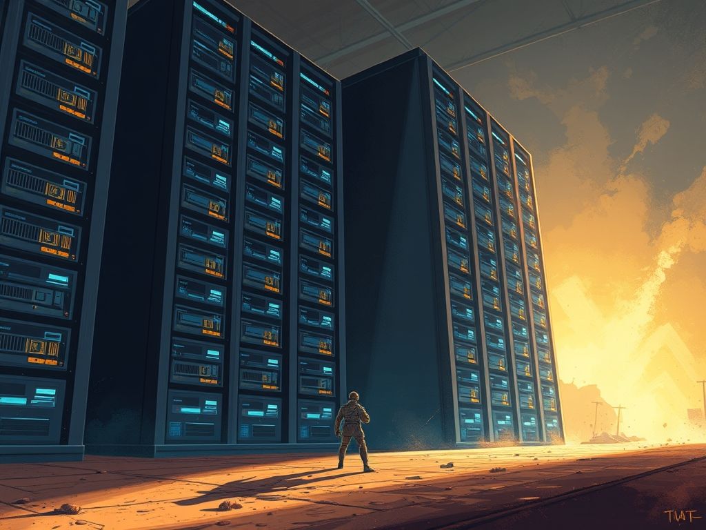 David facing towering server infrastructure representing the underdog vs giant technology battle