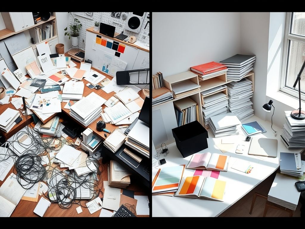 Designer workspace transformation showing the evolution from cluttered chaos to organized efficiency