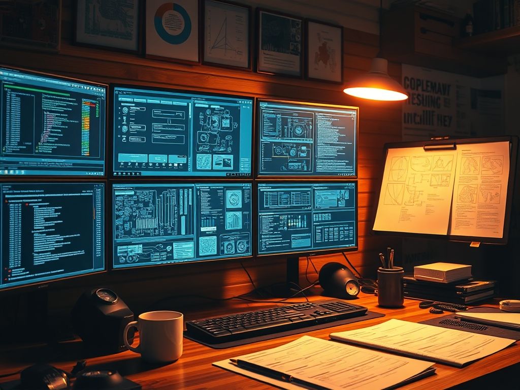 Engineering workspace with multiple monitors showing technical architecture and development environment