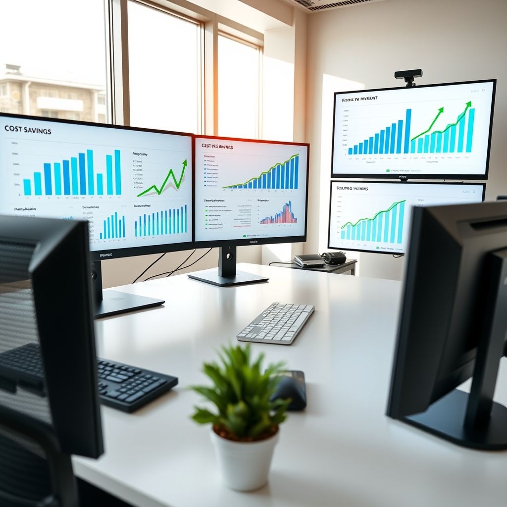 Business ROI dashboard showing cost savings charts
