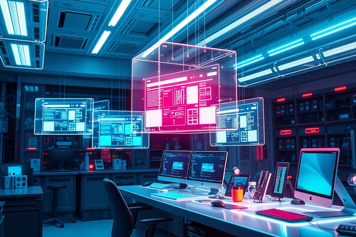 Future of web development showing holographic interfaces and next-generation browser technologies