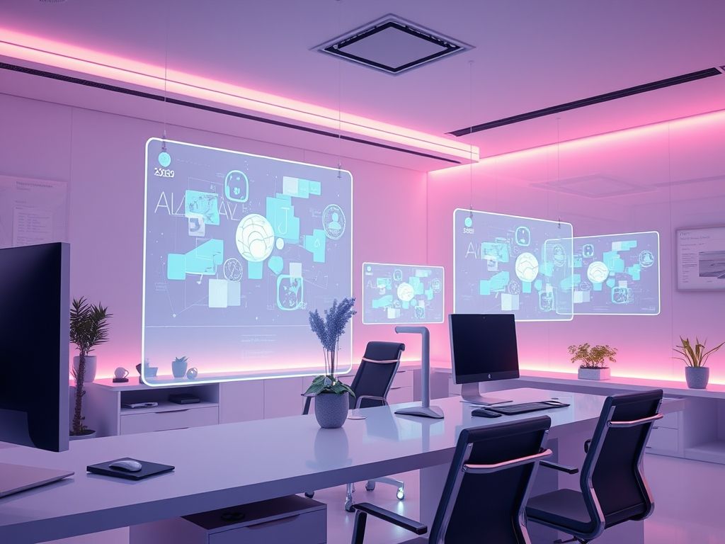 Futuristic 2030 workspace with holographic interfaces and advanced privacy-first technology