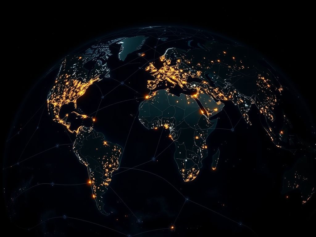Global world map showing network activity patterns and connections across different time zones