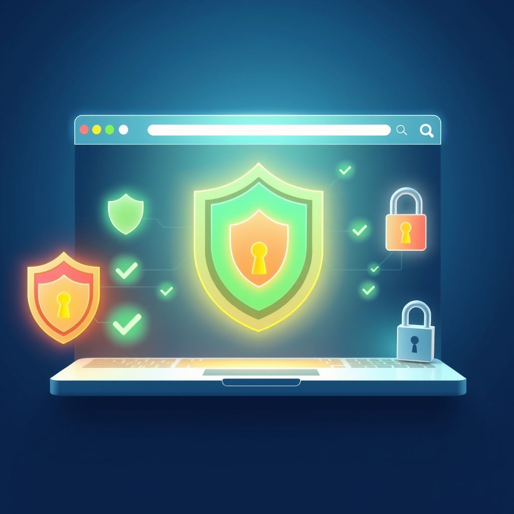 Secure browser environment displaying multiple security shields, encryption locks, and success checkmarks representing triumph over security challenges