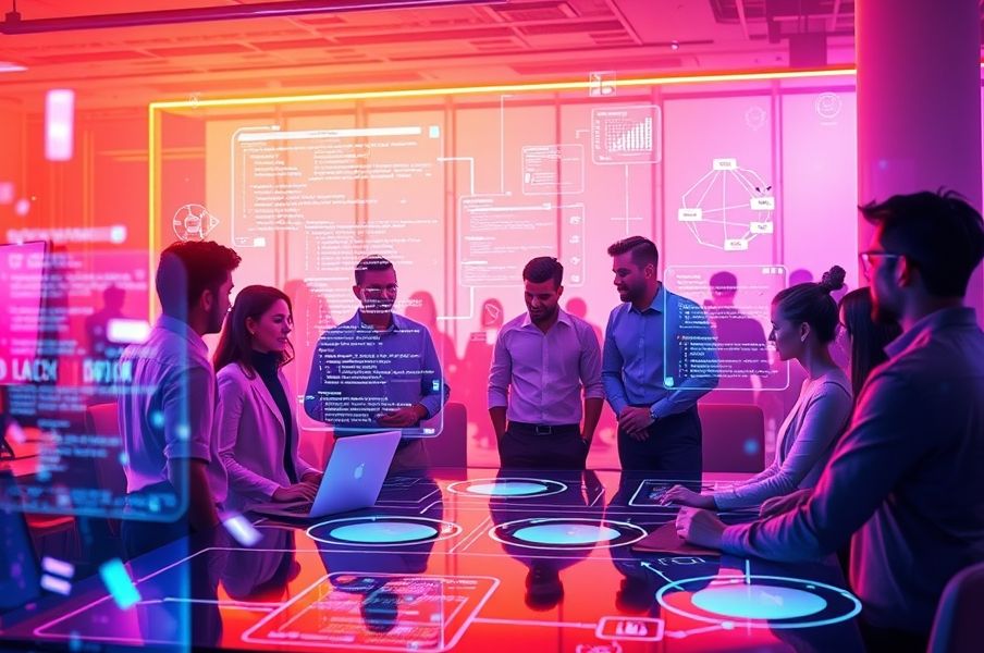 Team collaboration with digital interfaces and modern workspace technology