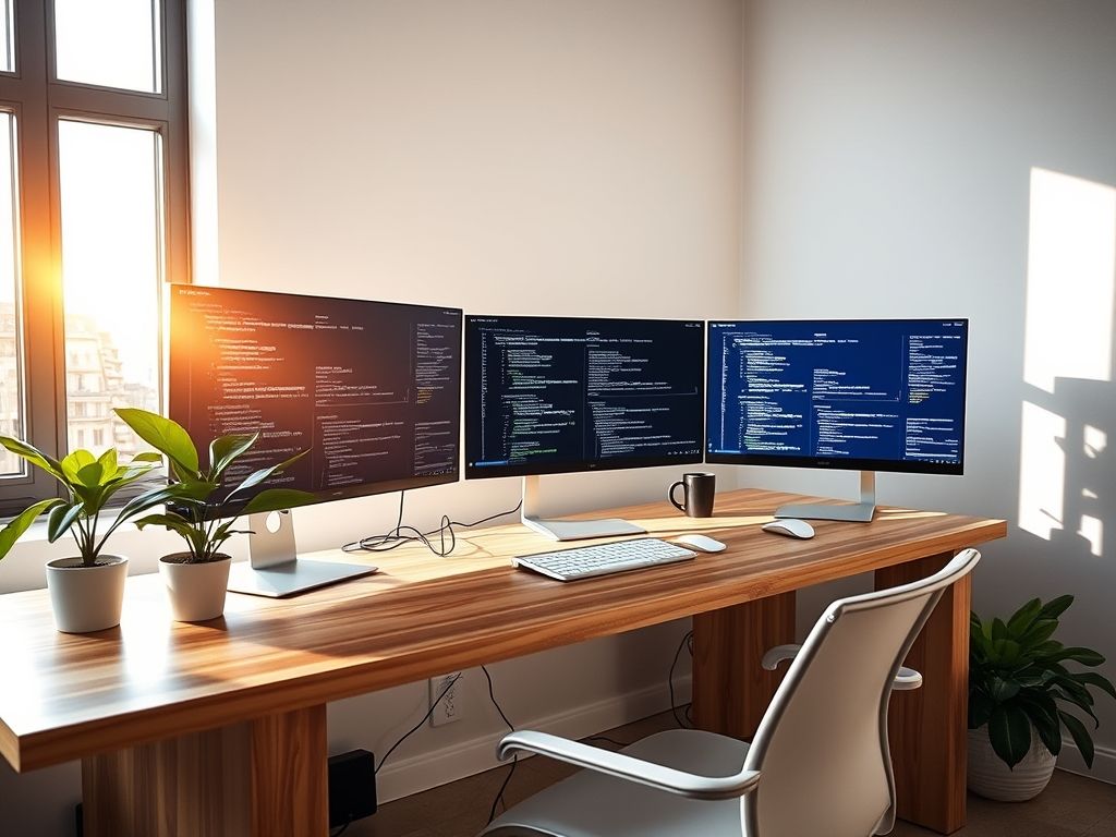 Modern minimalist workspace with multiple monitors displaying code and development tools