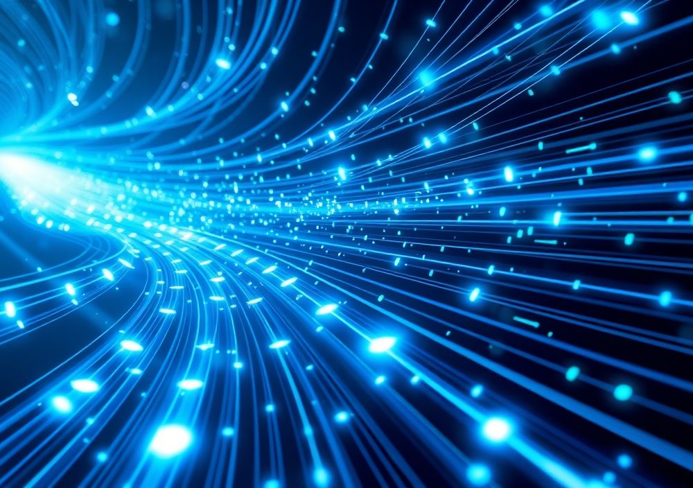 Network speed visualization with digital data flowing through fiber optic connections