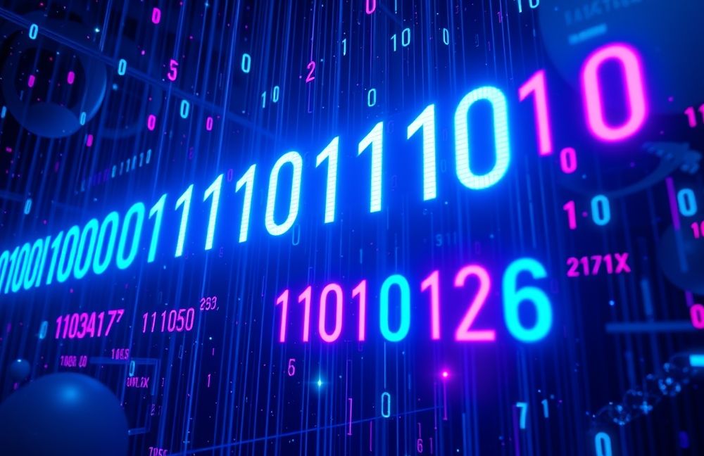 Mathematical number systems with binary digits and hexadecimal codes transforming between bases