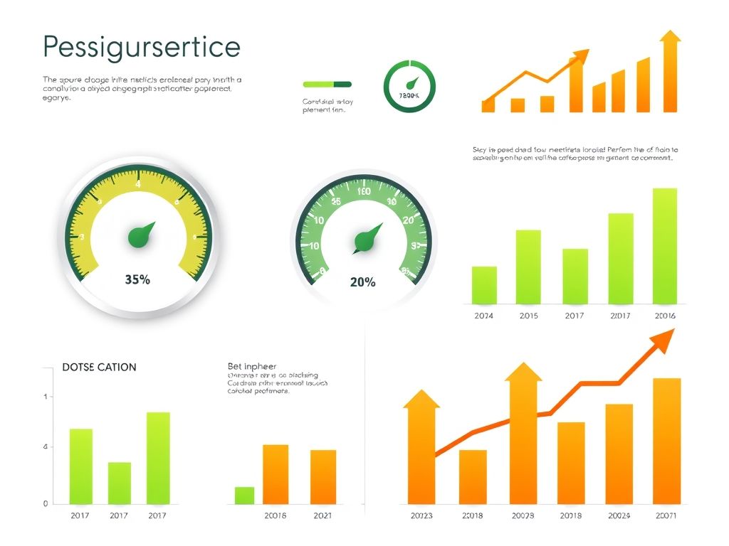 Performance metrics visualization with speedometers, trending charts, and efficiency indicators