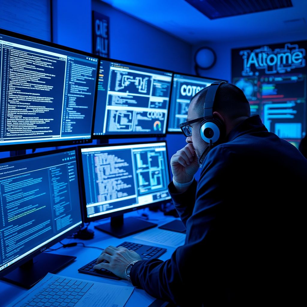 Security analyst deeply focused on analyzing cyber threats across multiple computer screens in a blue-lit professional workspace