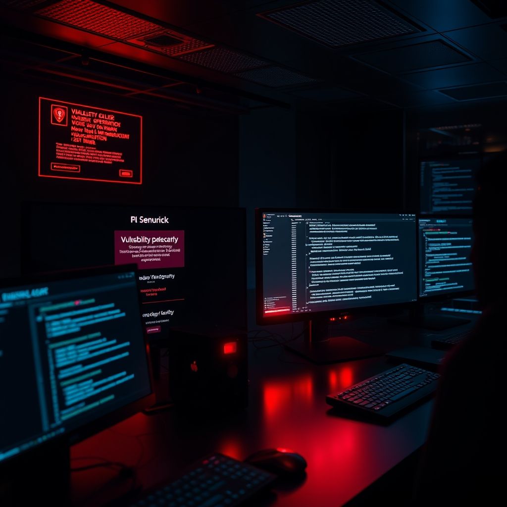 Critical security vulnerabilities displayed on multiple monitors with red alert warnings in a cybersecurity operations center