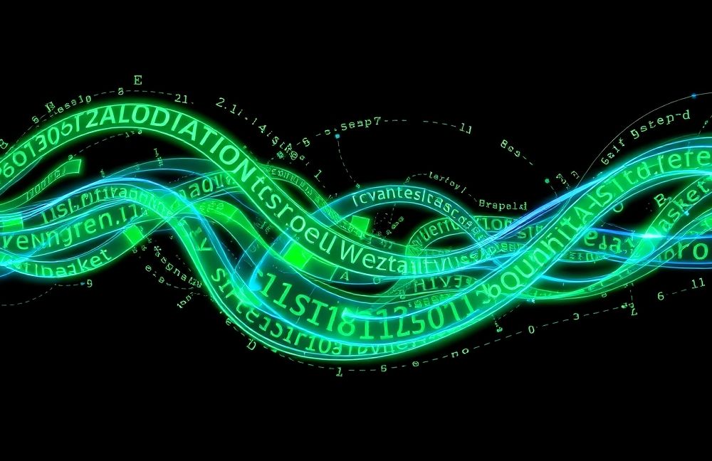 Text processing and string manipulation with flowing text characters and typography elements