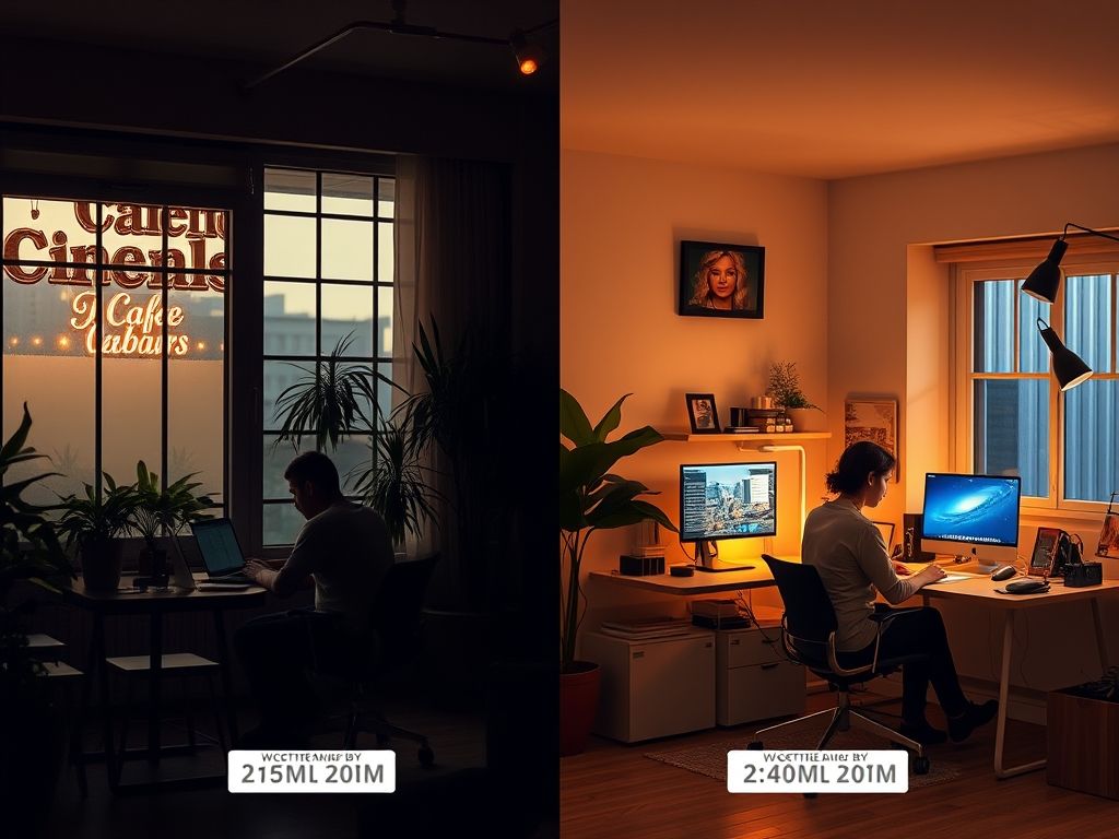 Split screen showing different time zones with people working in various environments