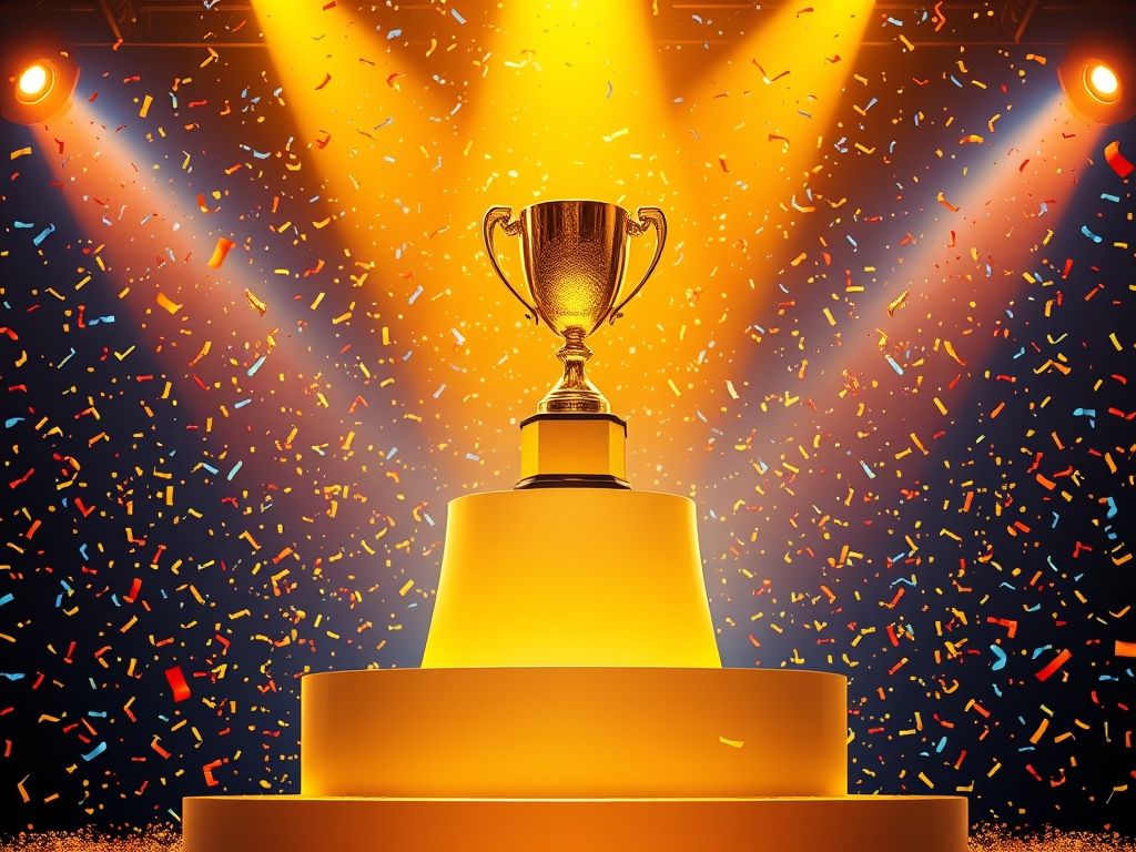 Victory celebration with golden trophy, confetti, and triumphant achievement atmosphere