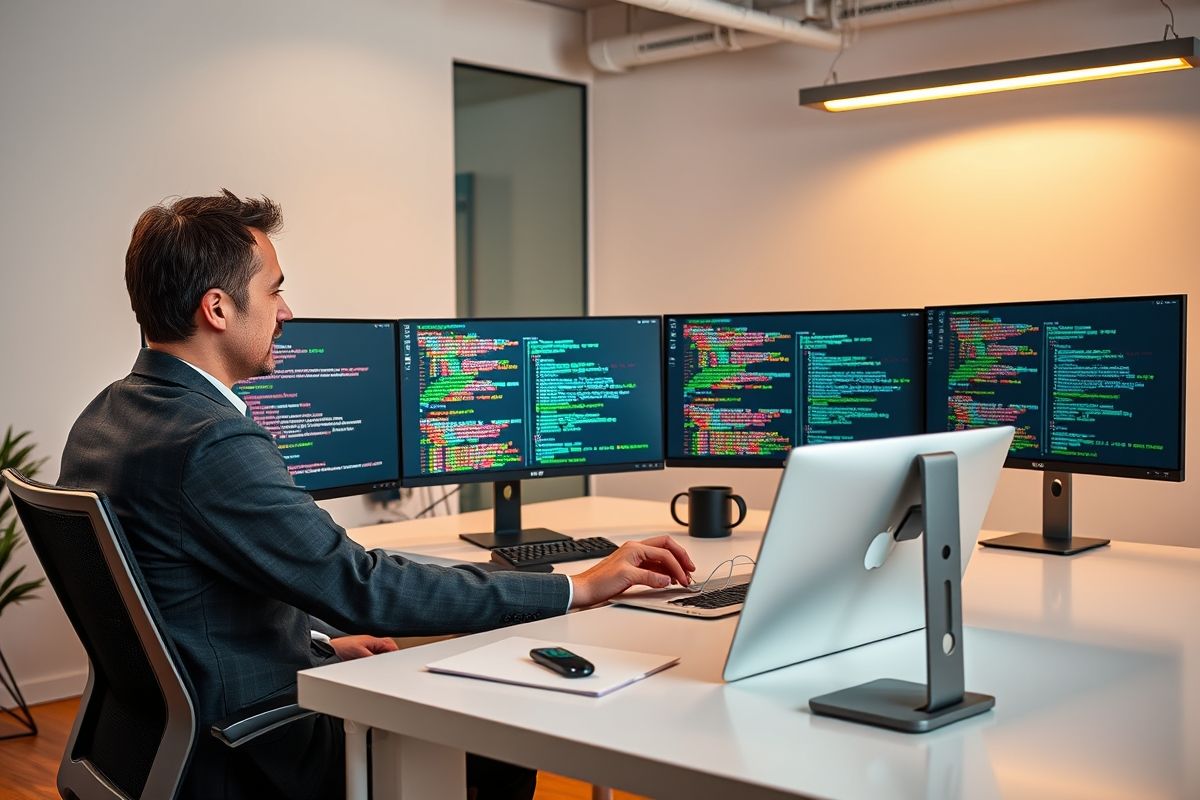 Professional web development expert in modern tech interview setting with multiple monitors showing code